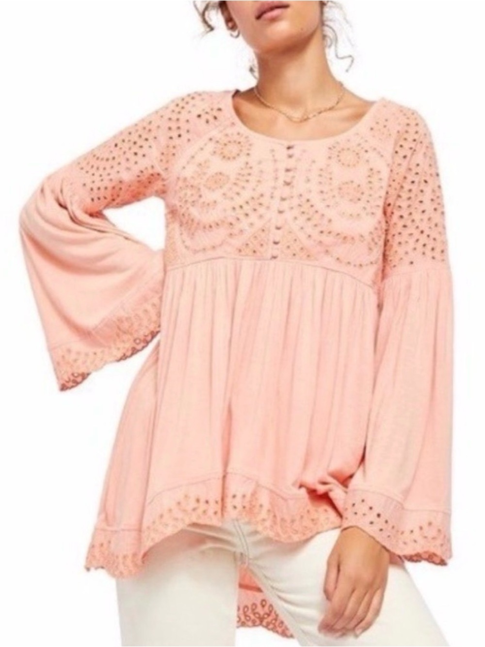 Free People Sea of Love boho peach tunic embroidered
